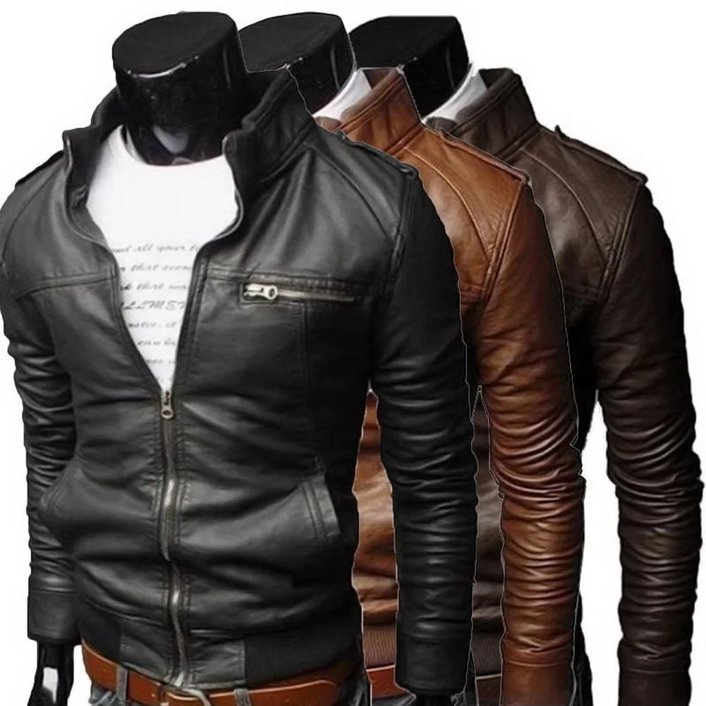 

Куртка-бомбер мужская приталенная, модная кожаная мотоциклетная куртка с воротником, верхняя одежда, уличная одежда, осень-зима
