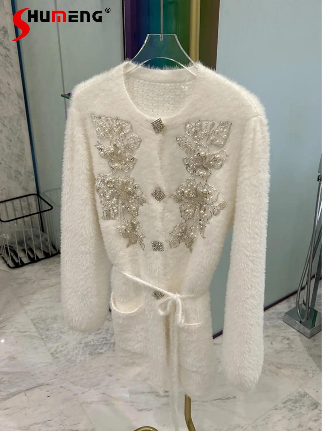 Handmade Beaded Mid-Length Imitation Mink Knitted Cardigan Sweet Fairy Temperament Long Sleeve Waist-Controlled Sweater Coat