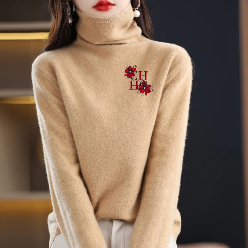 

100% Wool Cashmere Women's High Stacked Collar Pullover Sweater New Long Sleeve Winter Knitted Sweater Warm High Quality Jumper