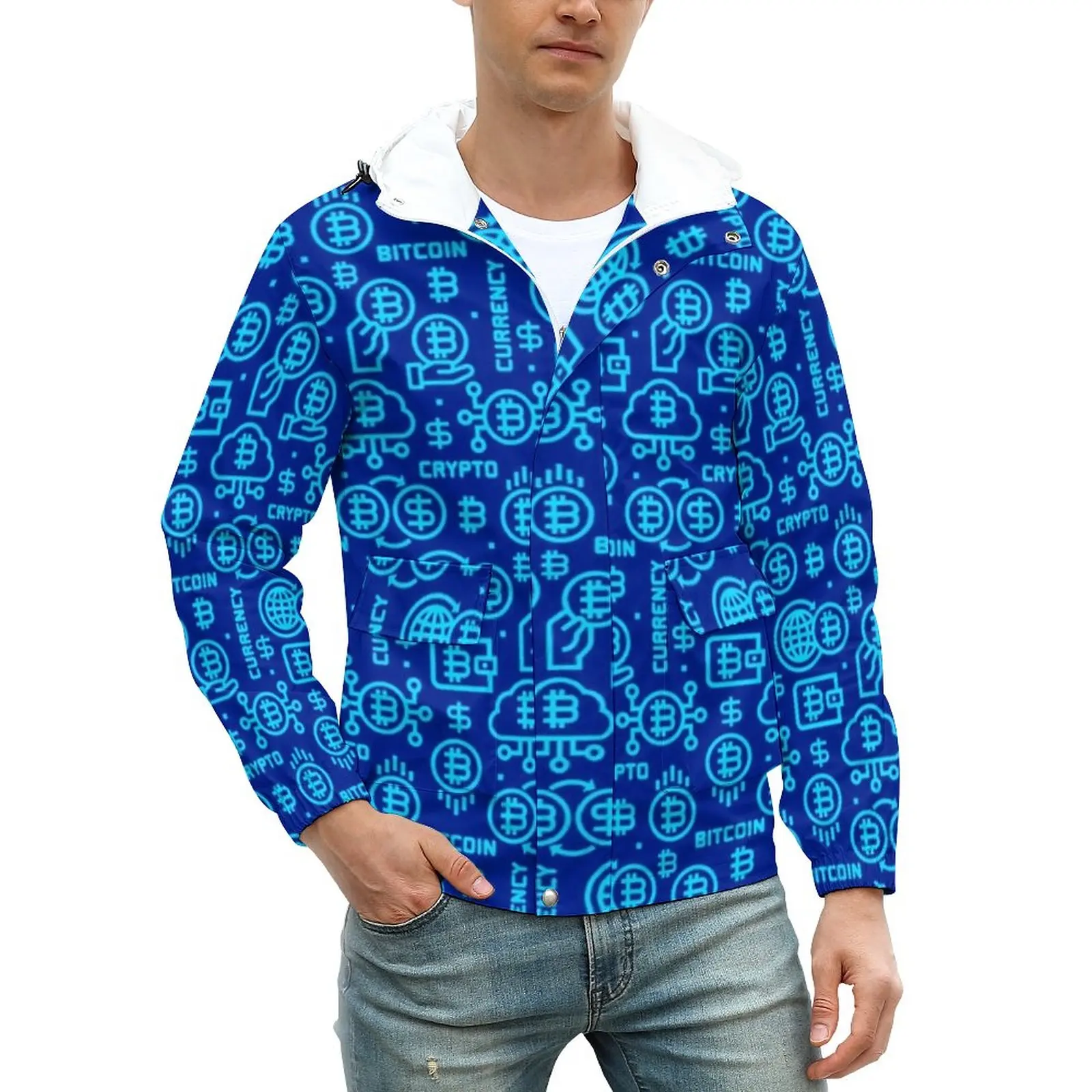 

Bitcoin Blue Logo Casual Jackets Crypto Cryptocurrency Zip Windbreak Men Custom Coats Autumn Aesthetic Loose Jacket Large Size