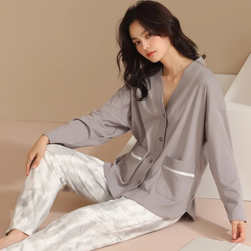100% Cotton Pajamas for Worment Long Sleeve Top and Pants Set Sleepwear Comfortable Nightwear Female Homewear Loungewear