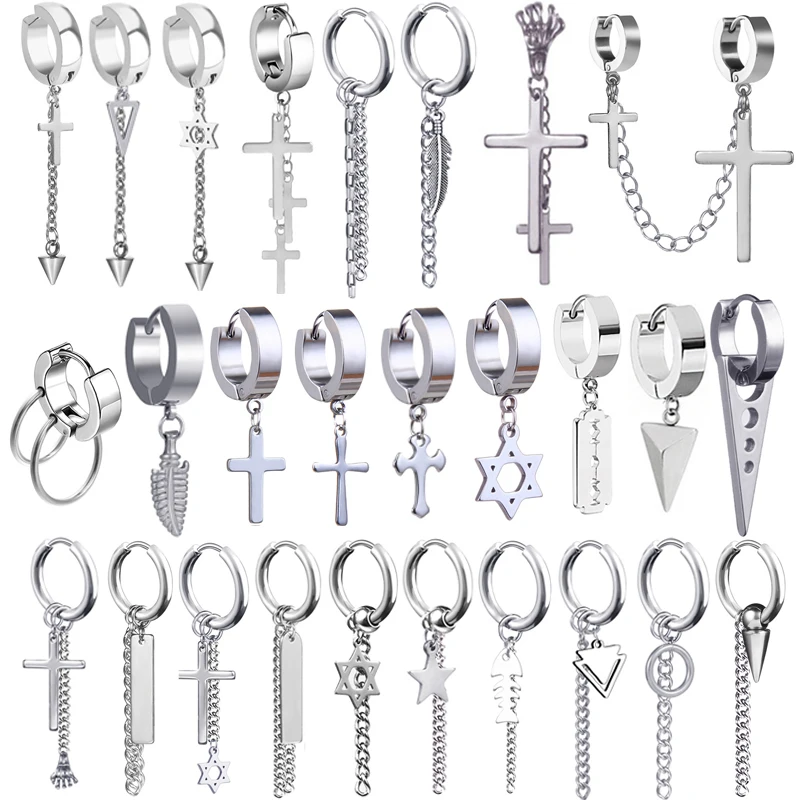 Серебряные геометрические серьги-кольца в виде креста Луны звезды Листьев