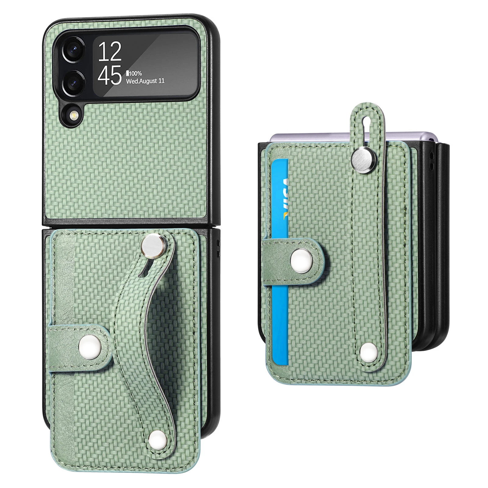 

Luxury Stand Fiber Phone Case For Samsung Galaxy Z Flip 4 Spire Lamella Skin Card Holder Advanced Leather Cover Green