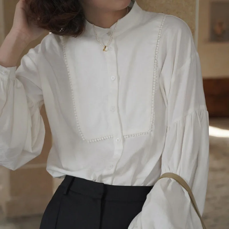 

Classic Versatile Spring Summer Female Retro Loose Mori Girl Style O-Neck Lantern Sleeve Single Breasted Shirt 3D Round Ball