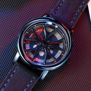 SANDA Fashion Men Car Rim Hub Watch Custom Design Car Wrist Watch Waterproof Leather Wheel Rim Rotating Dial Relogio Masculino-36822