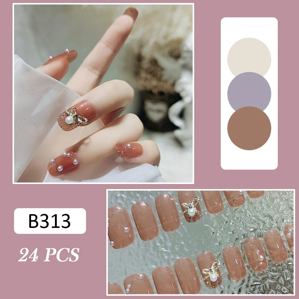 

Новинка 24 шт. Длинные накладные ногти милая жемчужина инкрустированная полимерная палочка на ногтях для женщин девочек с желеобразным геле...