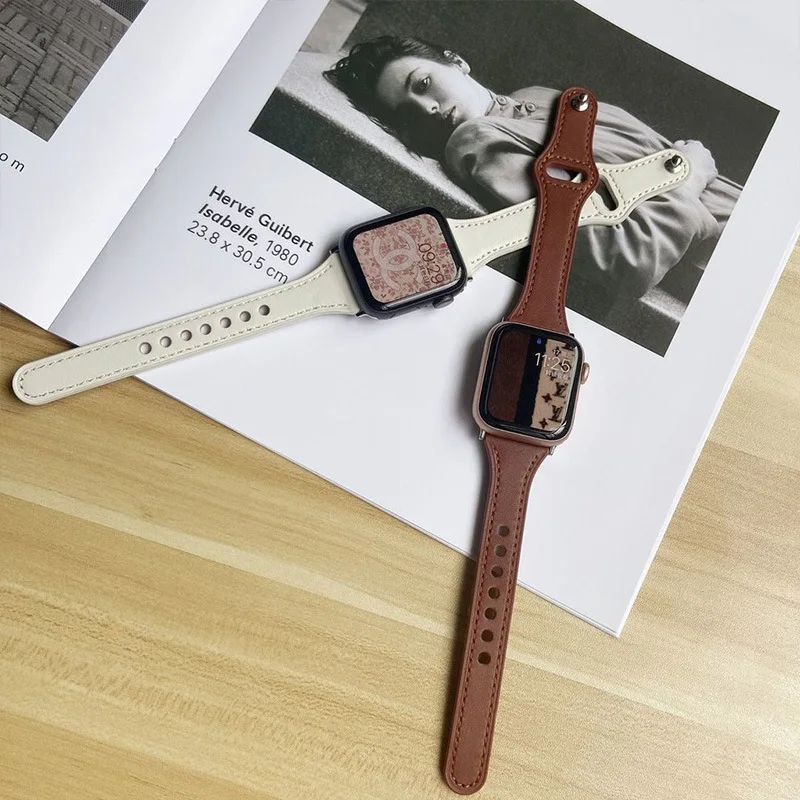 Slim Leather Strap for Apple Watch Band 41mm 45mm 40mm 44mm 49mm Correa Women Wristband Bracelet for iWatch Series 8 7 6 5 SE 4