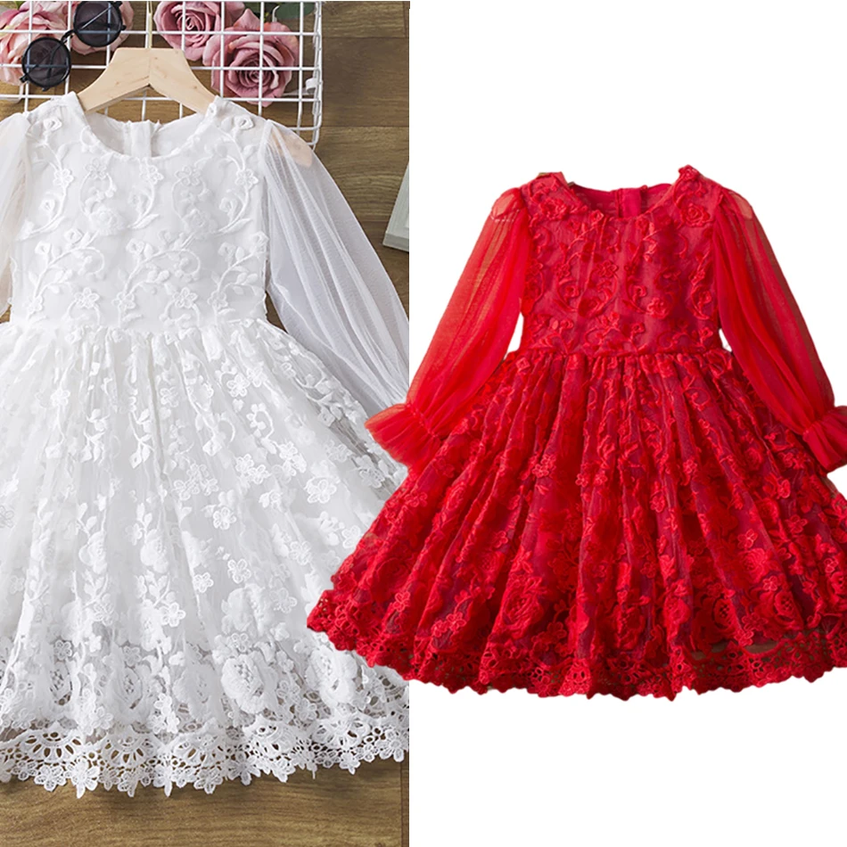 

2022 Fashion Dress Long Sleeves Lace Chiffon Bright Dress for Kid Girl Red Dress Party for Children Birthday Luxury Clothes