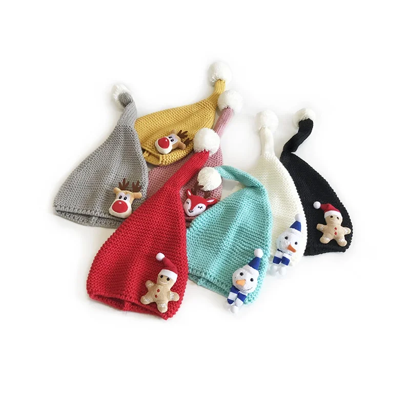 

Christmas Hats Sweater Cartoon Knitted Beanie Hat with Hairball Up Cartoon Patteren Christmas Gift for Kids New Year Supplies