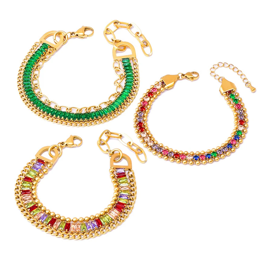 Браслет-цепочка из нержавеющей стали 316L с цветным цирконом B550