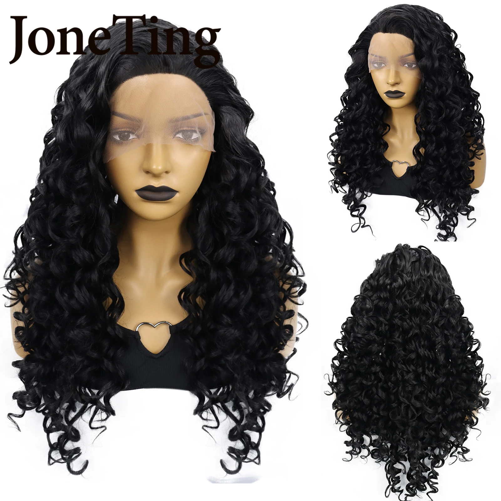 JONETING Synthetic 26inch Black Afro Kinky Curly Lace Front Wig Lolita Wavy Heat Resistant Fiber Wavy Lace Front Wig Free Cap