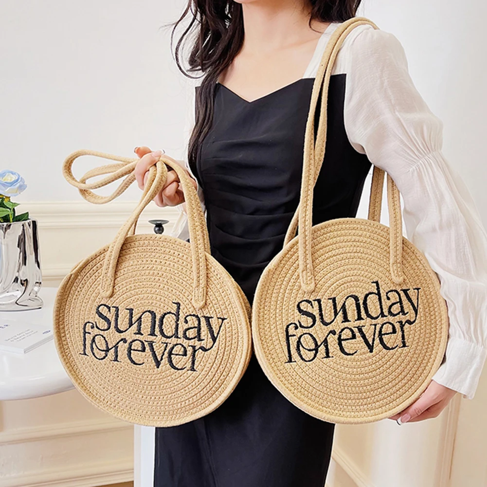 

Summer Top-handle Bag Cotton Rope Weaving Underarm Bag Round Letter Printed Handmade Fashion Casual Simple for Seaside Holiday