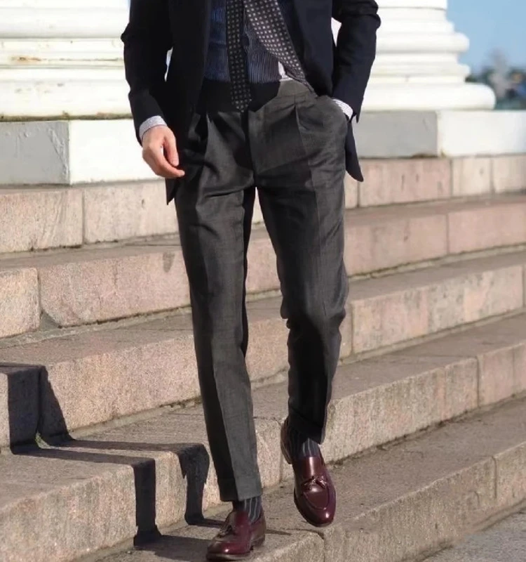 Gao Ding Dark Gray Naples Mid-Waist Paris Buckle Business Men's Trousers Worsted Fleece Single Pleated Slim fit Suit Pant