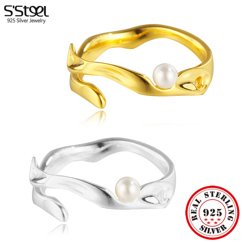 

S'STEEL Korean 925 Sterling Silver Irregular Rings For Woman Pearl Gold Adjustable Ring Personalized Luxury Designer Jewelry