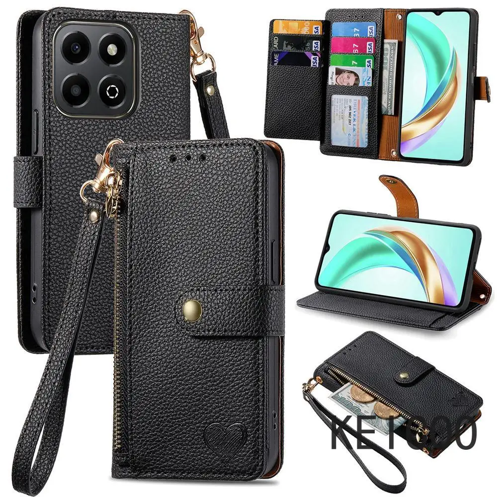 Кожаный чехол на молнии с ремешком и защитой от падения для Honor X5b 200 300 Lite Smart Ultra Pro