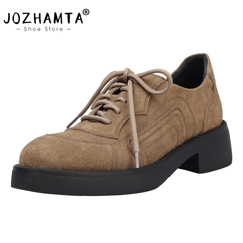 Фото Женские лоферы JOZHAMTA, размеры 34-39, модные туфли без каблука из замши, весенние повседневные туфли на шнуровке с круглым носком №1