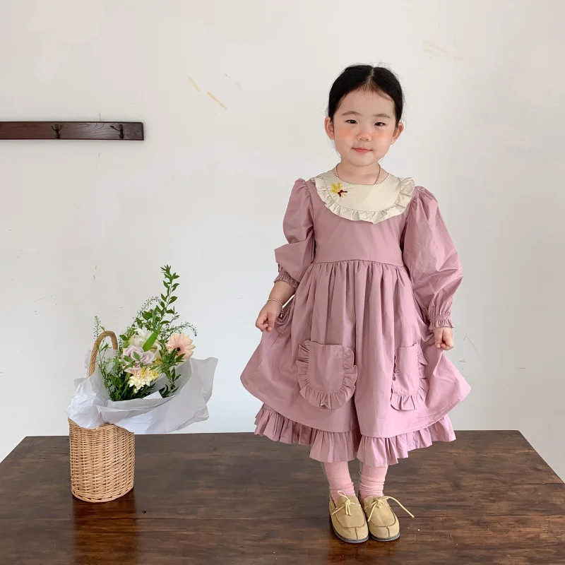 

Baby Girl Dress Spring Summer Long Sleeve Vintage Spanish Princess Pompom Ball Dress Cotton Lolita Party Dress Kids Dress 1-6Y