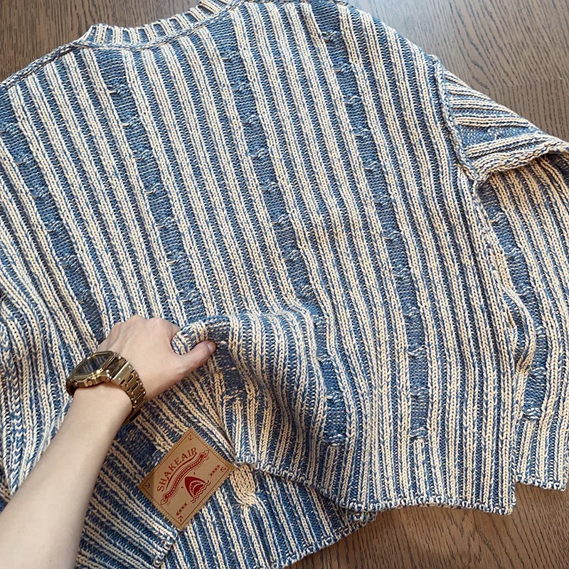 Осенний полосатый вязаный свитер для мужчин корейская мода уличная одежда