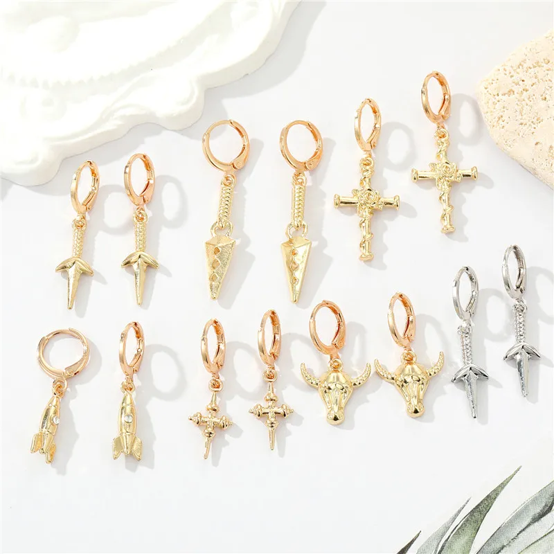 

Punk Cross Sword Cow Animal Hoop Earrings For Women Men Shiny Trendy Cool Rocket Metal Circle Pendant Earring Party Jewelry AE85