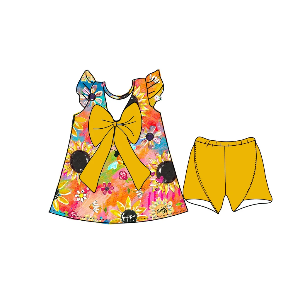 

Wholesale Princess Girls Sets Pearl Sleeve Big Bow Top Sunflower Yellow Shorts Kids Clothing