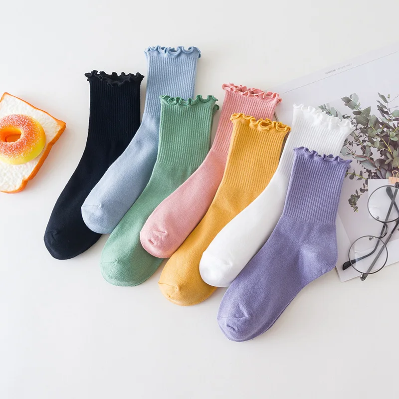 5 Pairs Women Happy Ruffle Frilly Socks Black White Cute Autumn Winter Trendy Socks Solid color Soft Cotton Girl Socks 2020 New