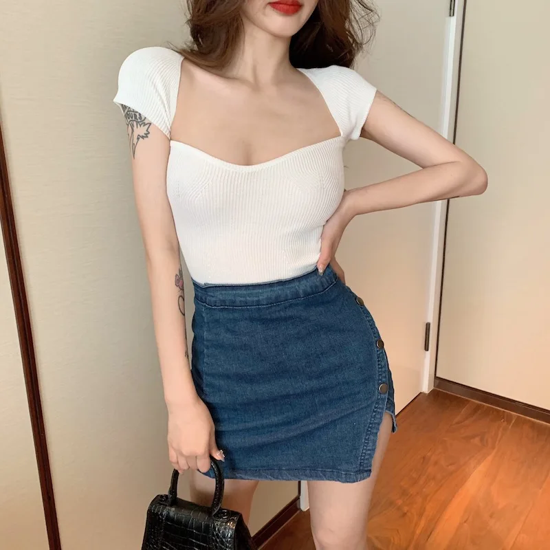 Women V-neck Knitted Short Sleeve Draw String T-shirts Crop Tops Girls Knitting Stretchy Cropped Sheath Tee Shirts For Female