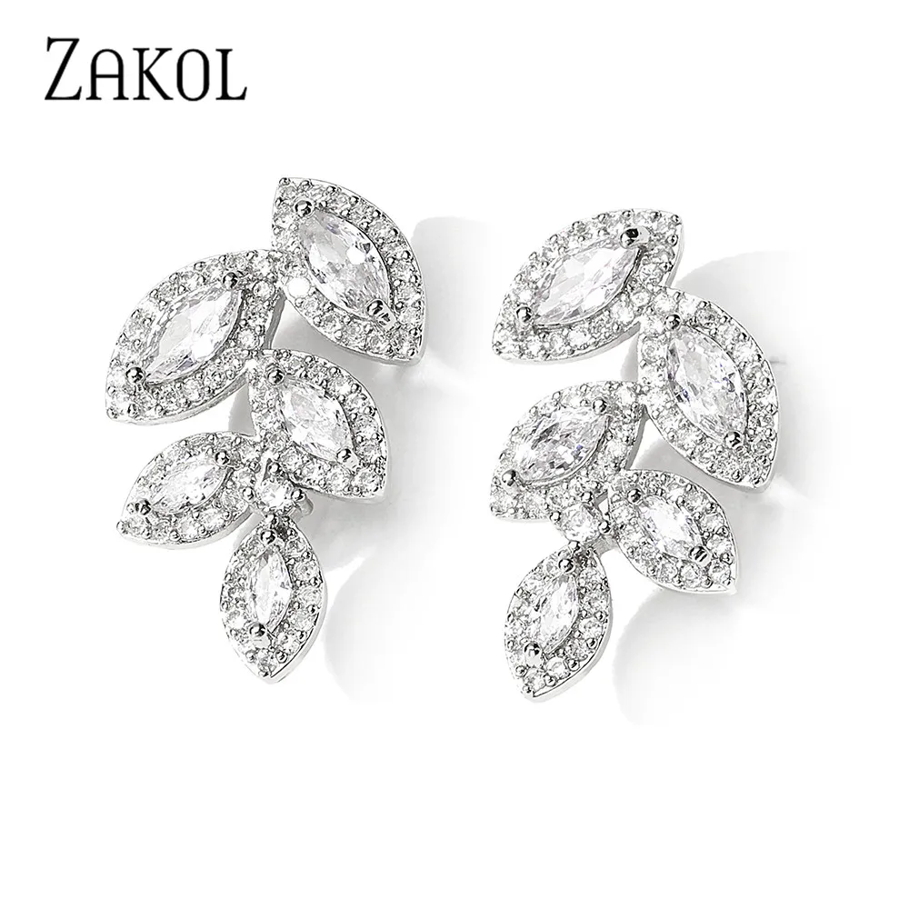 

ZAKOL Classic Leaf Drop Cubic Zirconia Stud Earrings for Women Gold Plate Engagement Bridal Jewelry Accessories EP2986