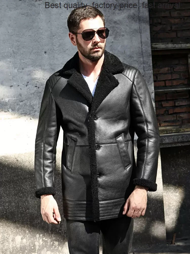 

High quality luxury brand Black Shearling Sheepskin Genuine Leather Coat Male Bomber Jacket Aviator Outerwear Trench Flight Men