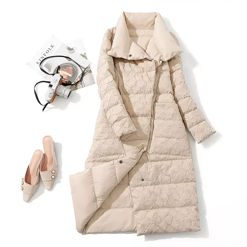 Winter Women Double Sided Feather Long Jackets 90% White Duck Down Coat Puffer Warm Plaid Parkas Snow Outwear