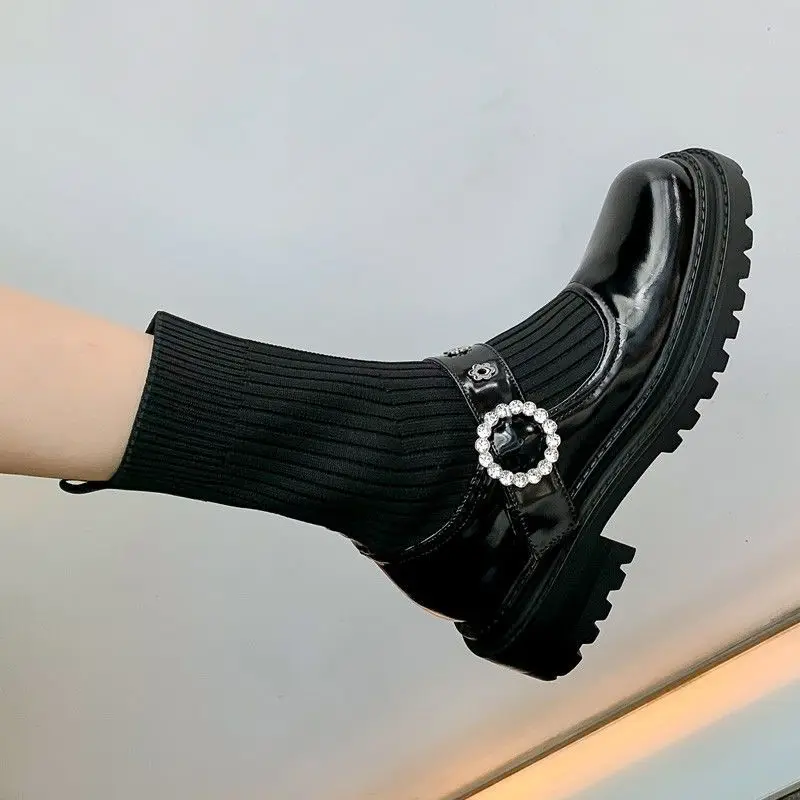 2021 Autumn Knit Elastic Cloth Patchwork Sock Ankle Boots Women Fashion Leather Crystal Buckle Short Boots Female Low Heel Shoes