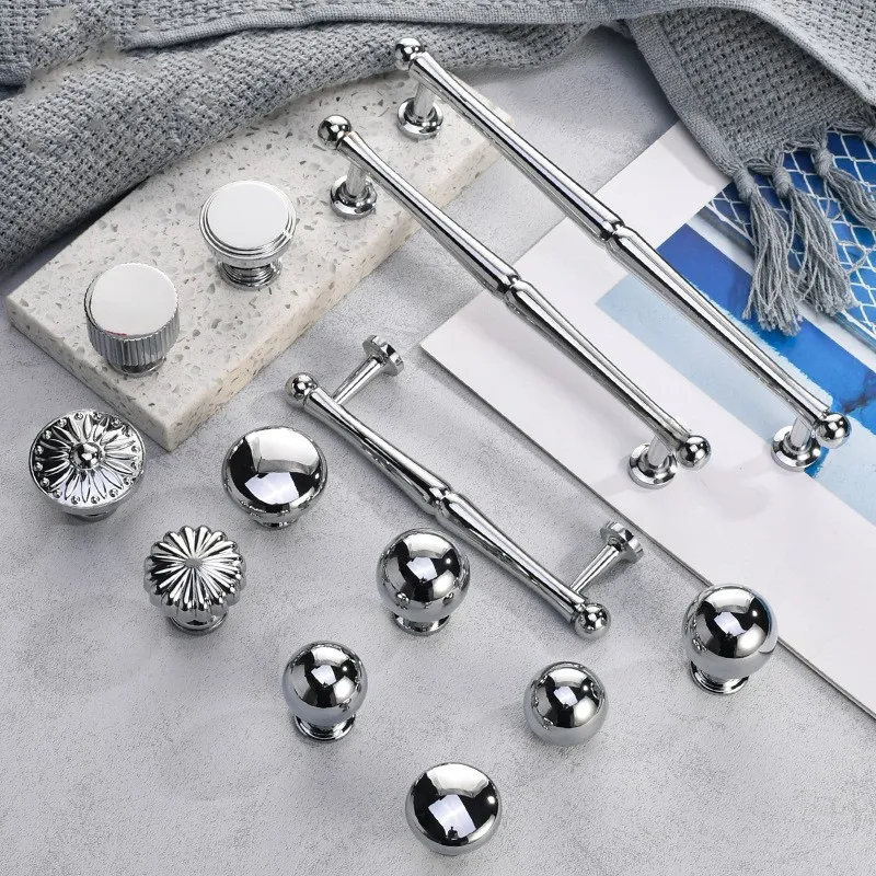 

French Chrome Plated Shiny Silver Cabinet Door Copper Handle Light Luxury Ball Shaped Drawer Cabinet Pure Copper Kitchen Handles