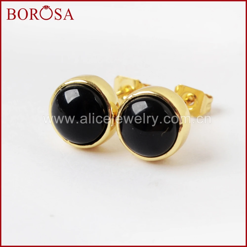 

BOROSA 5Pairs Black Onyx Stone Stud Earrings Exquisite 18K Gold Plated Round Earring Cartilage Jewelry Accessories For Women
