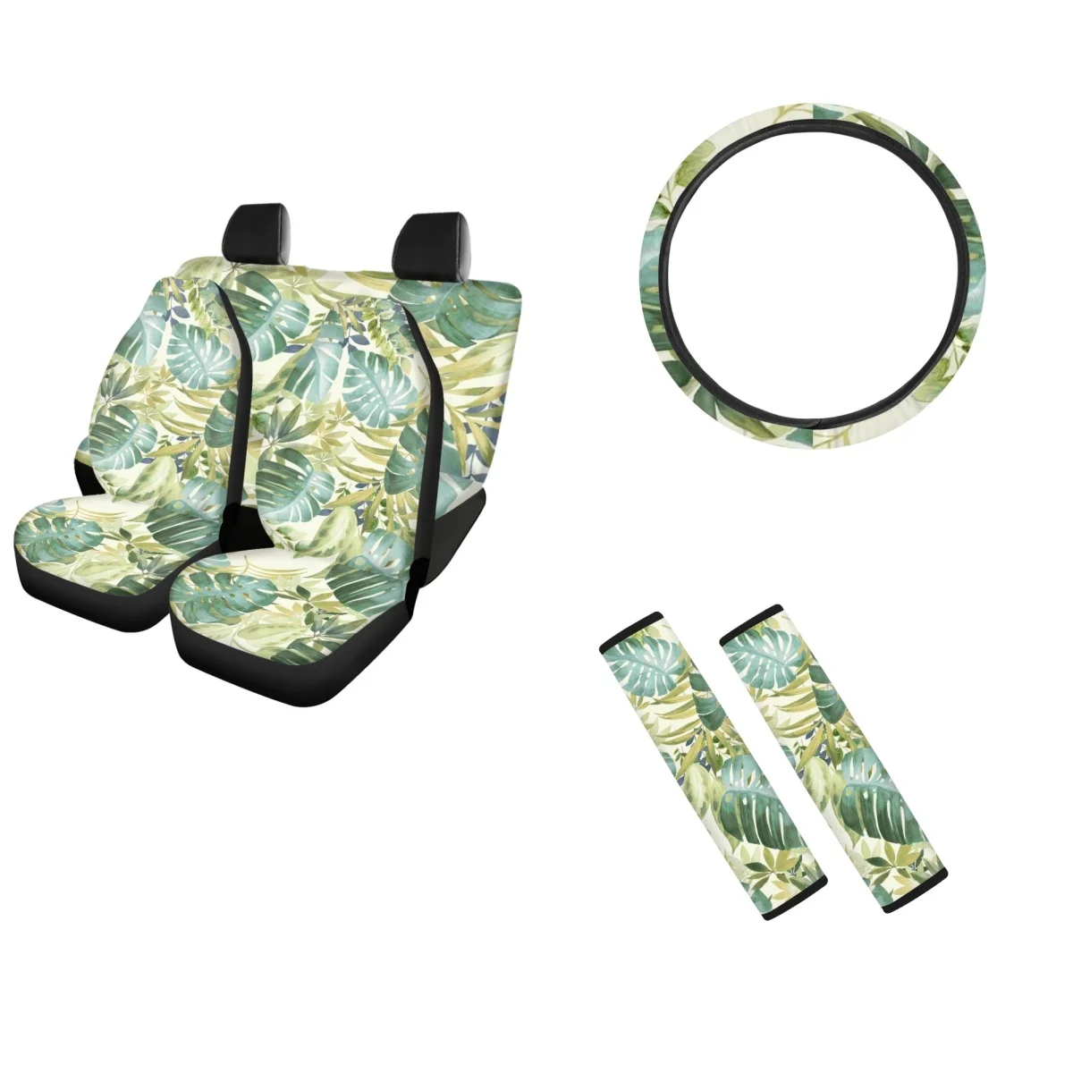 

Tropical Monstera Car Seat Cover Sets for Women Mens Easy to Install Steering Wheel Cover Truck Automotive Seat Belt Pads