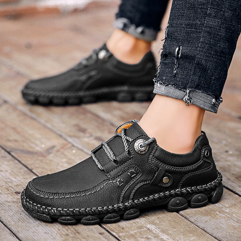

2023New Men Casual Leather Shoes Handmade Lac-up Flat Shoes Men Black Work Shoes Business Casual Sneakers Men Shoes Plus Size 48