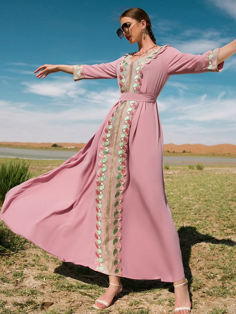 Cherry Pink Lace Embroidered Long Dress Elegant Vintage Holiday Gorgeous Gulf Moroccan Caftan Dubai Abaya Summer 2022