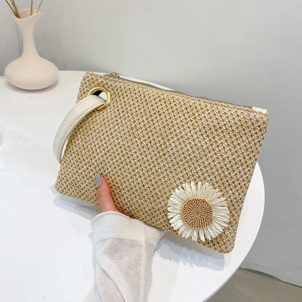 

Новинка 2023, женская модная повседневная Пляжная плетеная маленькая сумочка для отпуска с подсолнухом, сумка с ремешком на руку