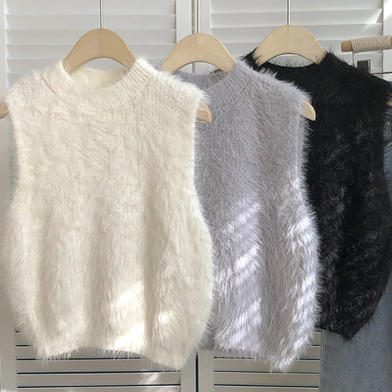 

Sweaters Jumpers Women Tanks Abrini Elegant Winter Faux Women Vest Autumn Vest Vest Mink Sweater 2022 Solid Sleeveless O-neck