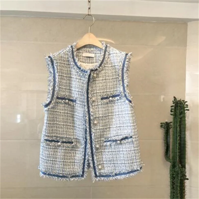 Spring vest women's autumn small fragrance fashion outer vest fringe jacket single-breasted pearl versatile pink light blue