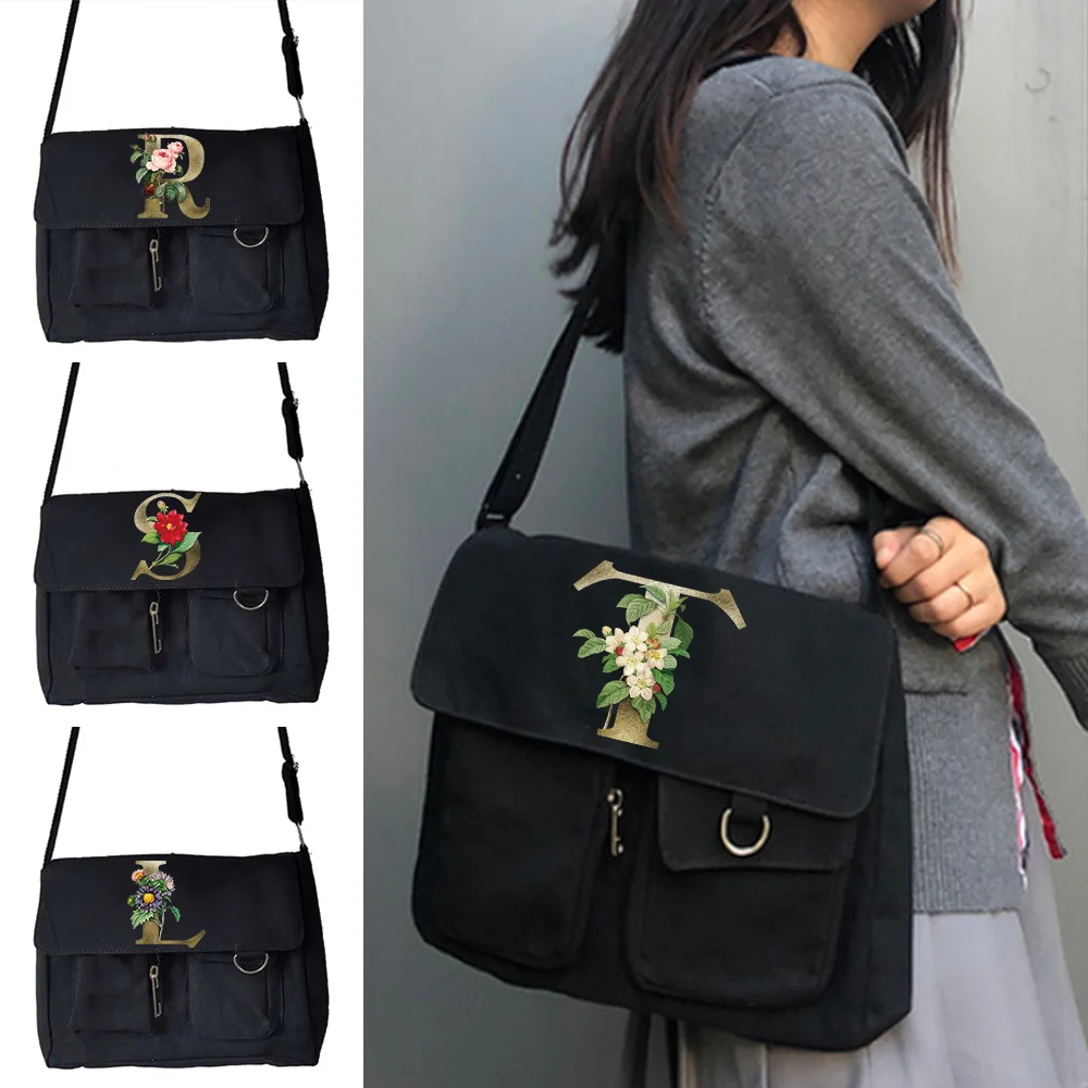 

Women Canvas Messenger Bag Satchel Handbag Shoulder Large Capacity Tote Bag Female Golden Flower Lettern Pattern Shopping Bags