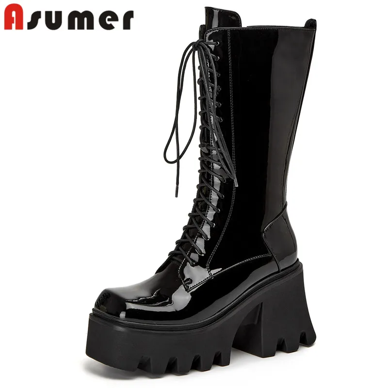 

Женские сапоги до середины икры ASUMER, из натуральной кожи, на высоком толстом каблуке, на молнии, Осень-зима 2023