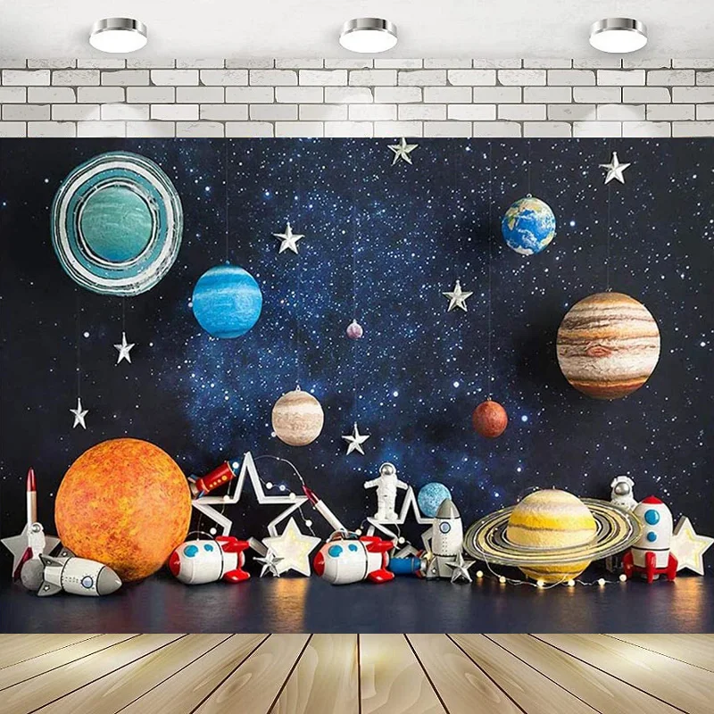 

Outer Space Universe Planet Star Galaxy Astronaut Rocket Happy Birthday Party Photography Backdrop Background Banner Decor