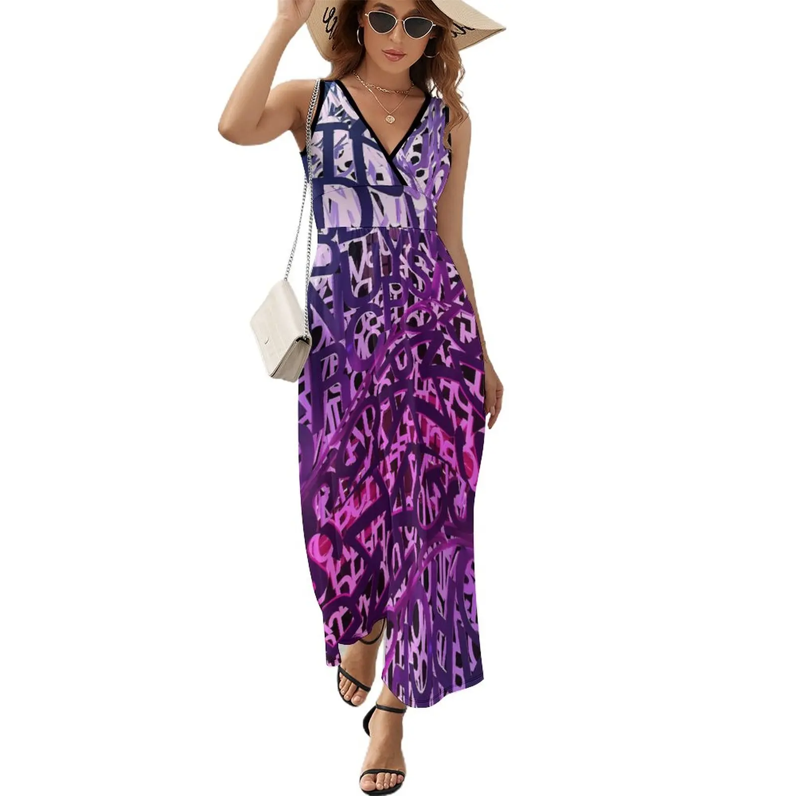 

Платье-макси с абстрактными буквами, фиолетовый градиентный пляжный длинный сарафан в уличном стиле, в стиле бохо, с завышенной талией, с принтом, пикантное летнее