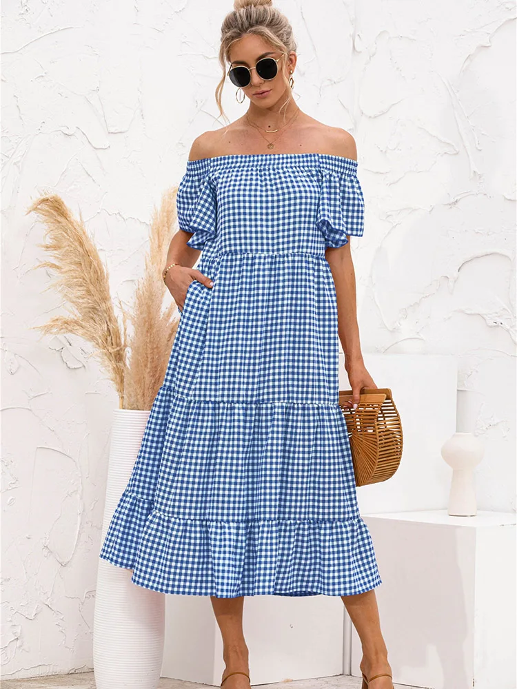 

Женское клетчатое платье с коротким рукавом, длинное ТРАПЕЦИЕВИДНОЕ ПЛАТЬЕ в стиле бохо с расклешенным воротником-лодочкой, оборками и при...