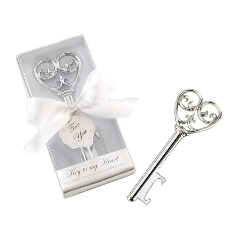 

5 Pieces Silver Color Heart Shape Antique Victorian Key Bottle Opener Wedding Favors Guest Gift