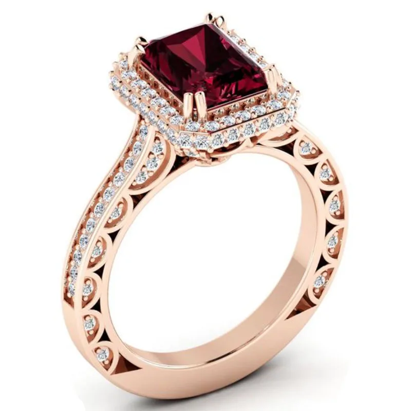 

Hot Sale Rose Gold Color Inlaid Red Crystal Cubic Zircon Rhinestone Female Ring for Women Party Jewelry Accessories