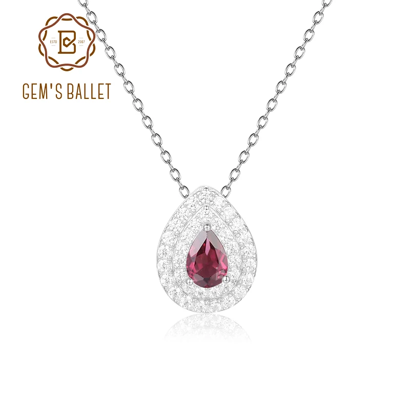 

GEM'S BALLET Dainty Gemstone Necklace 4x6mm Pear Shape Rhodolite Garnet Halo Solitarie Pendant Necklace in 925 Sterling Silver