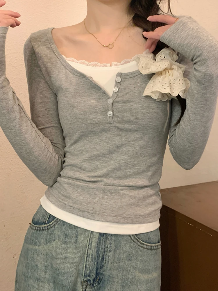 Контрастный цвет кружевная строчка квадратный воротник длинный рукав