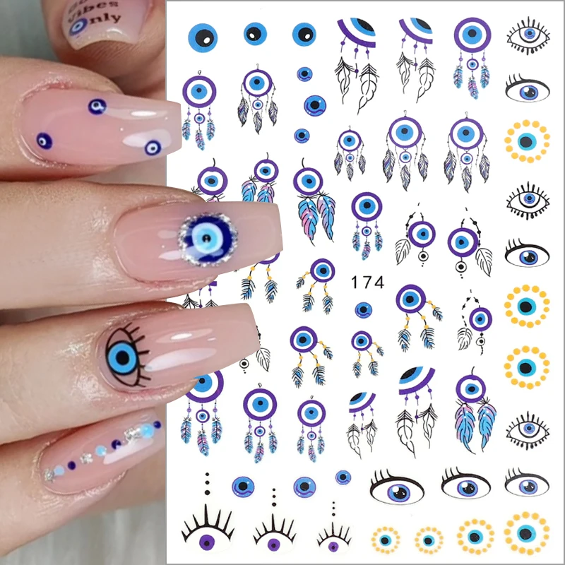 

Blue Evil Eyes Snake Nail Stickers Black White Sliders for Nails Snake Stars Moon Decorations Summer Leaves Flowers Nail Decals