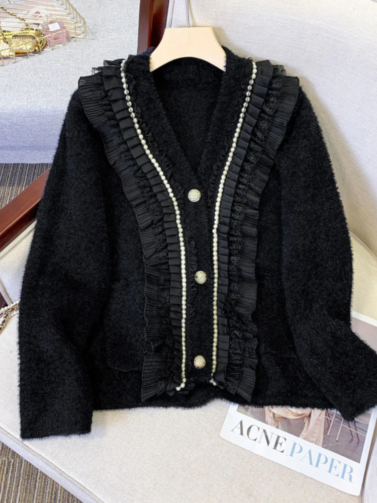 Женский трикотажный кардиган с V-образным вырезом и оборками