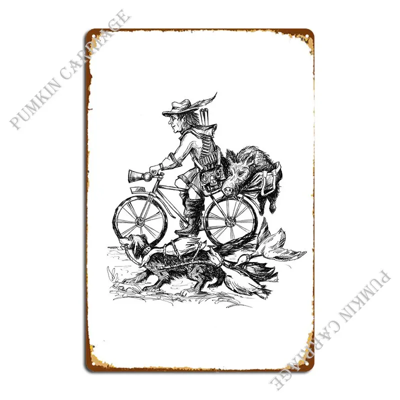

Hunter With Dog On Bicycle Metal Plaque Party Decoration Wall Decor Kitchen Tin Sign Poster